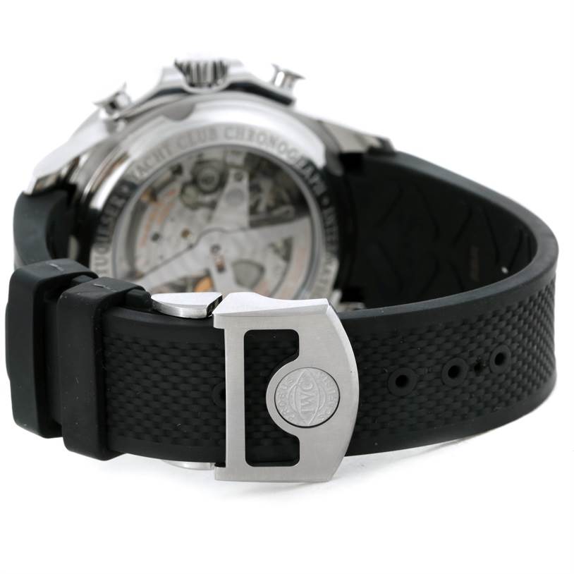 The image shows the back view of an IWC Portuguese IW390210 Men's Stainless Steel Black Dial IW390210 Men's Stainless Steel Black Dial watch, highlighting the rubber strap and metal clasp.