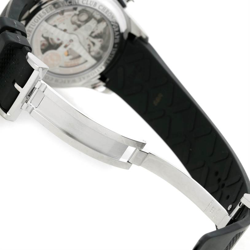 The image shows the back and strap of the IWC Portuguese IW390210 Men's Stainless Steel Black Dial IW390210 Men's Stainless Steel Black Dial model, highlighting the deployment clasp and exhibition case back.