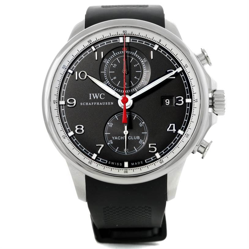 The IWC Portuguese IW390210 Men's Stainless Steel Black Dial IW390210 Men's Stainless Steel Black Dial Yacht Club watch is shown from a front angle, highlighting its dial, hands, subdials, and crown.