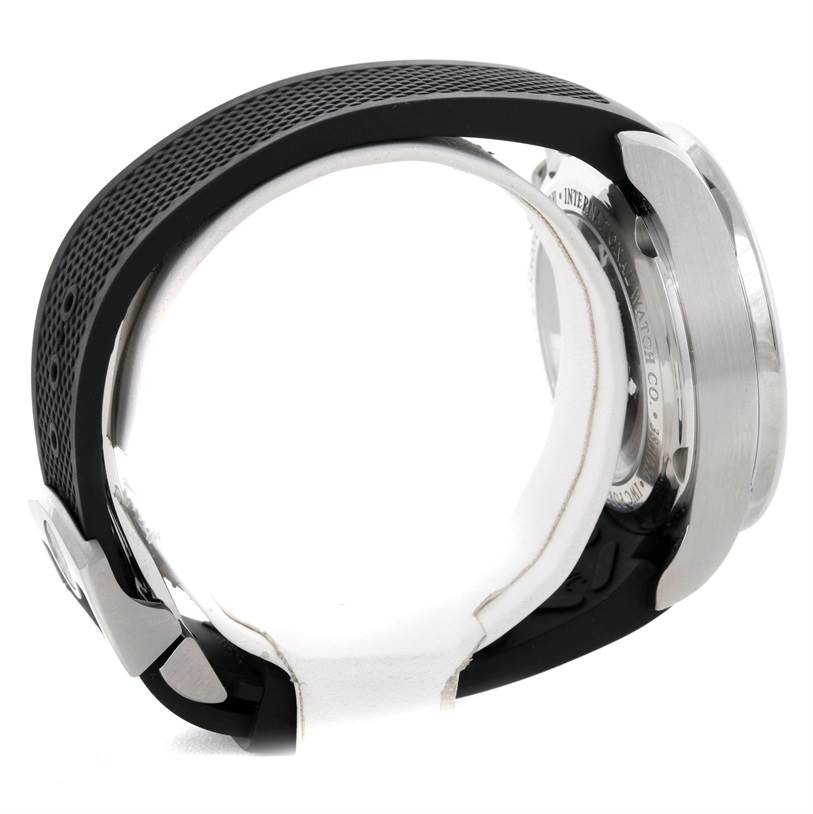 This image shows a side view of the case and textured strap of the IWC Portuguese IW390210 Men's Stainless Steel Black Dial IW390210 Men's Stainless Steel Black Dial model watch.