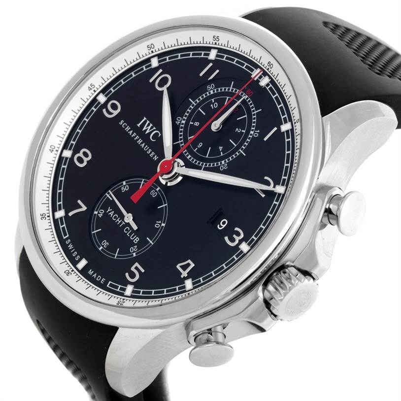 This image shows the IWC Portuguese IW390210 Men's Stainless Steel Black Dial IW390210 Men's Stainless Steel Black Dial model watch with a side view highlighting the dial, crown, pushers, and part of the strap.