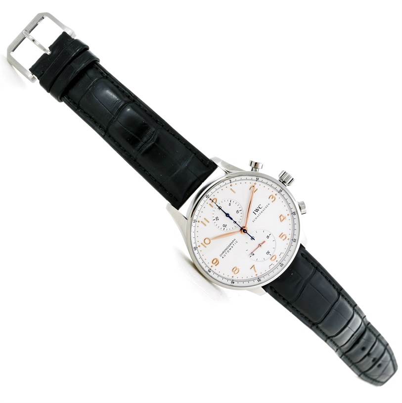 The image shows the face and strap of an IWC Portuguese IW371445 Men's Stainless Steel Silver Dial IW371445 Men's Stainless Steel Silver Dial model watch, displayed at a slight angle.