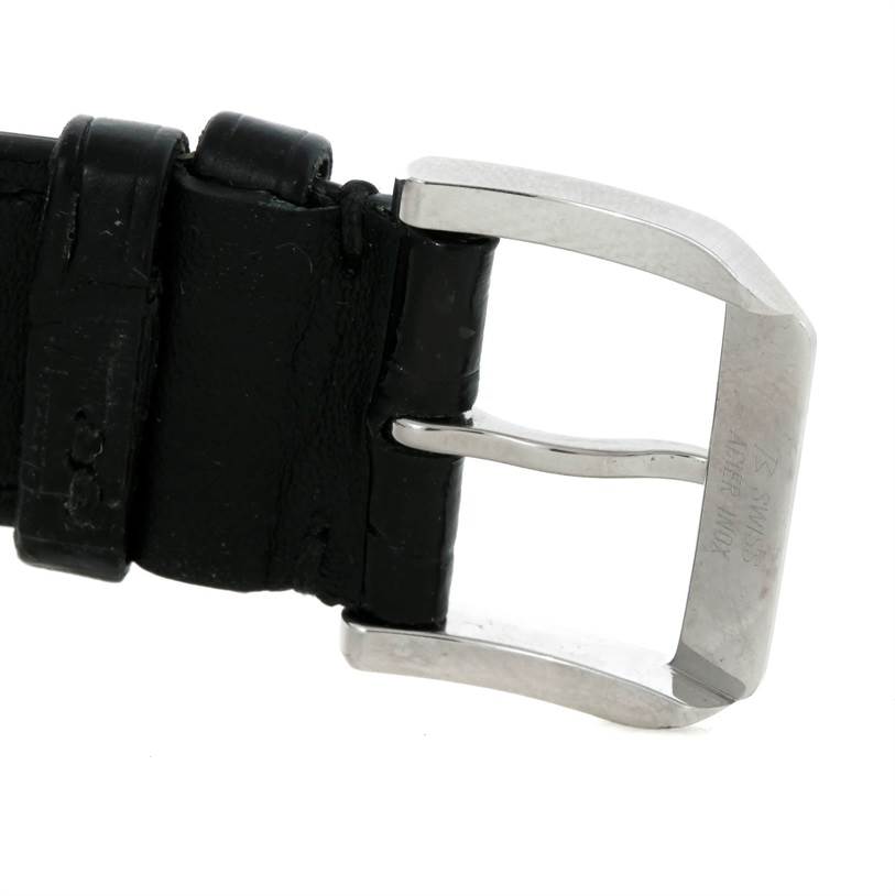 This image shows a close-up of the buckle and leather strap of an IWC Portuguese IW371445 Men's Stainless Steel Silver Dial IW371445 Men's Stainless Steel Silver Dial model watch.