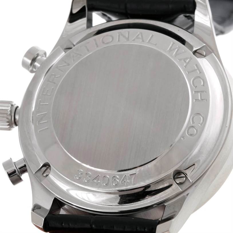 The image shows the back casing of an IWC Portuguese IW371445 Men's Stainless Steel Silver Dial IW371445 Men's Stainless Steel Silver Dial watch, highlighting the brand engraving and serial number.