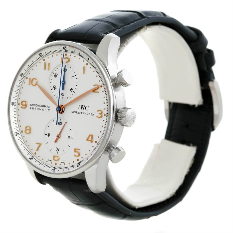 The image shows a side-angle view of the IWC Portuguese IW371445 Men's Stainless Steel Silver Dial IW371445 Men's Stainless Steel Silver Dial watch, highlighting its face, leather strap, buttons, and crown.