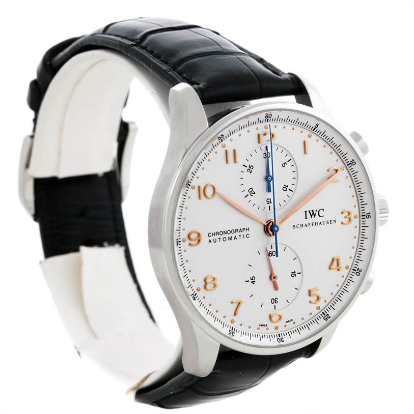The image shows a side angle of the IWC Portuguese IW371445 Men's Stainless Steel Silver Dial IW371445 Men's Stainless Steel Silver Dial Chronograph Automatic watch, featuring a black strap and white dial.