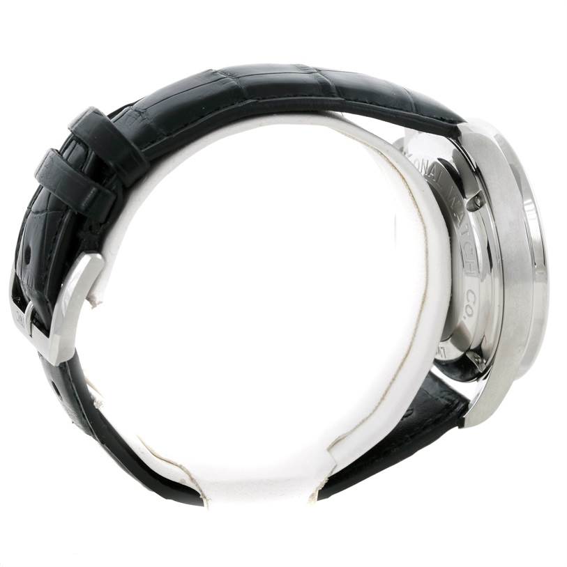 The image shows the side and back view of an IWC Portuguese IW371445 Men's Stainless Steel Silver Dial IW371445 Men's Stainless Steel Silver Dial model watch, highlighting the strap and case.