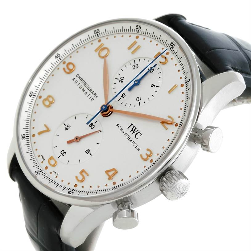 The image shows a close-up, angled view of the dial and side crown and pushers of the IWC Portuguese IW371445 Men's Stainless Steel Silver Dial IW371445 Men's Stainless Steel Silver Dial Chronograph Automatic watch.