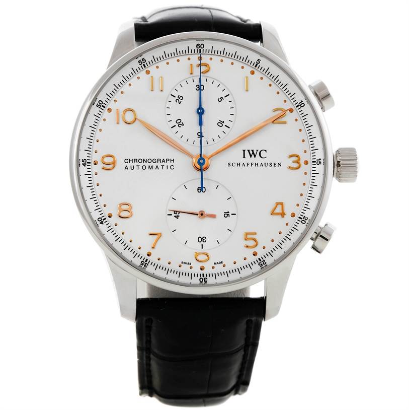 The image shows a front view of the IWC Portuguese IW371445 Men's Stainless Steel Silver Dial IW371445 Men's Stainless Steel Silver Dial Chronograph with a white dial, leather strap, and chronograph sub-dials.