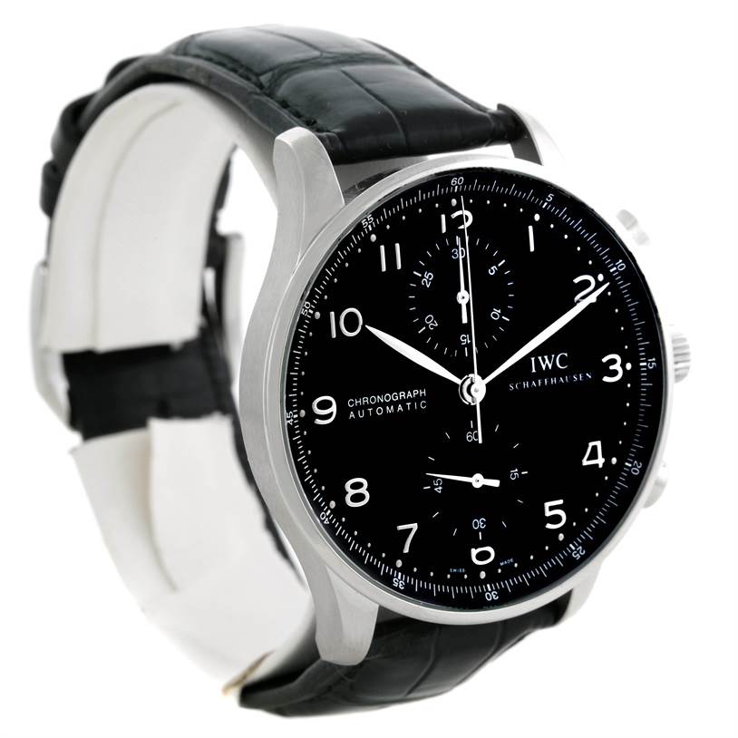 The image shows a front-angle view of the IWC Portuguese IW371438 Men's Stainless Steel Black Dial IW371438 Men's Stainless Steel Black Dial Chronograph Automatic watch, highlighting its black dial and leather strap.