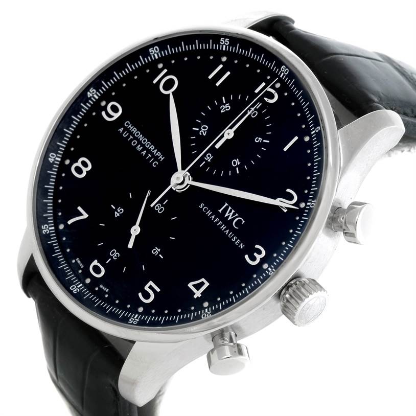 The image shows a close-up angle of the IWC Portuguese IW371438 Men's Stainless Steel Black Dial IW371438 Men's Stainless Steel Black Dial model watch, featuring the watch face, chronograph dials, and crown.