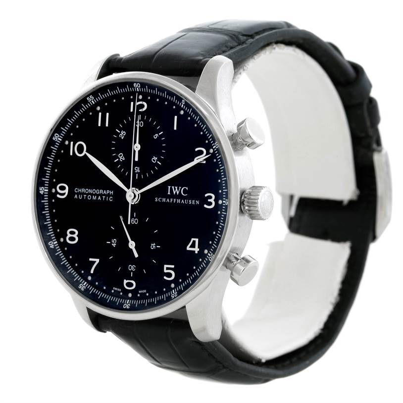 This is an angled side view of the IWC Portuguese IW371438 Men's Stainless Steel Black Dial IW371438 Men's Stainless Steel Black Dial model watch, showing the face, crown, pushers, and leather strap.