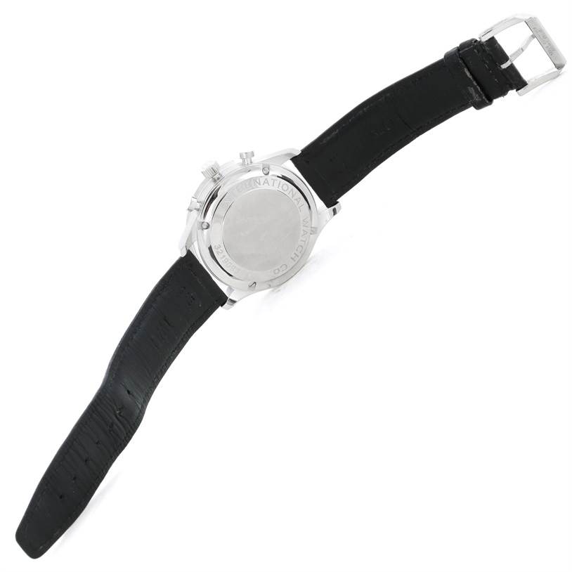 The image shows the back view of an IWC Portuguese IW371438 Men's Stainless Steel Black Dial IW371438 Men's Stainless Steel Black Dial watch, highlighting its case back and black leather strap.