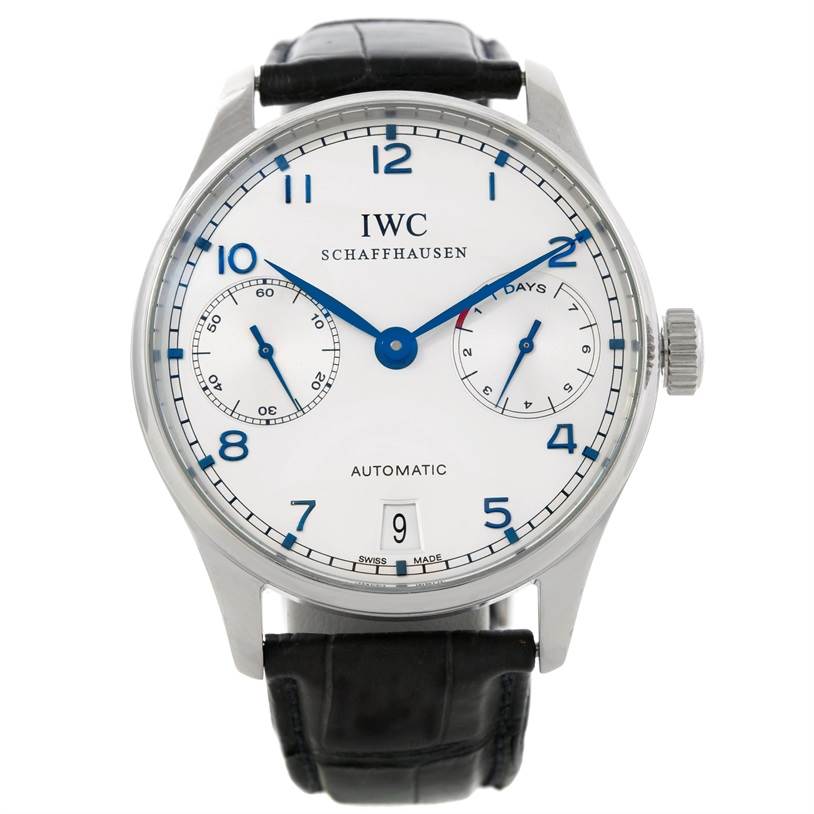 The image shows a front view of an IWC Portuguese IW500107 Men's Stainless Steel Silver Dial IW500107 Men's Stainless Steel Silver Dial watch, displaying its dial, hands, subdials, date window, and leather strap.
