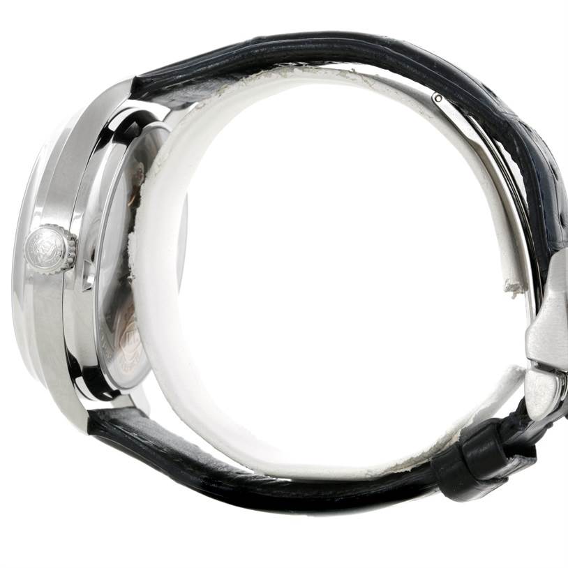 Side view of the IWC Portuguese IW500107 Men's Stainless Steel Silver Dial IW500107 Men's Stainless Steel Silver Dial watch showing the crown, case, and a portion of the strap.