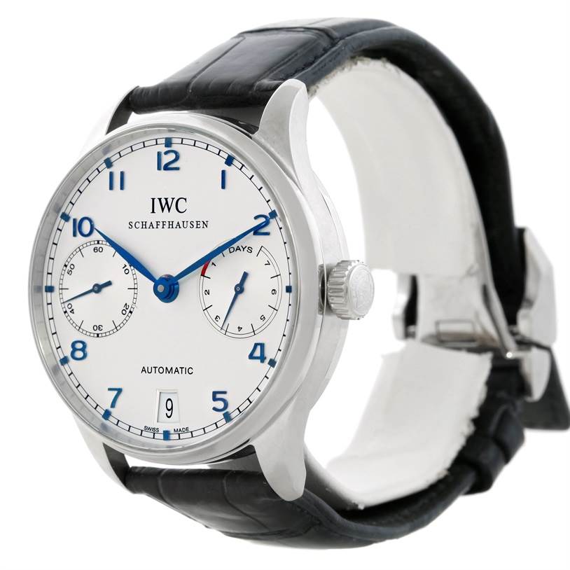 This image shows a front and right-side view of the IWC Portuguese IW500107 Men's Stainless Steel Silver Dial IW500107 Men's Stainless Steel Silver Dial model watch, highlighting the face, dial, and crown.