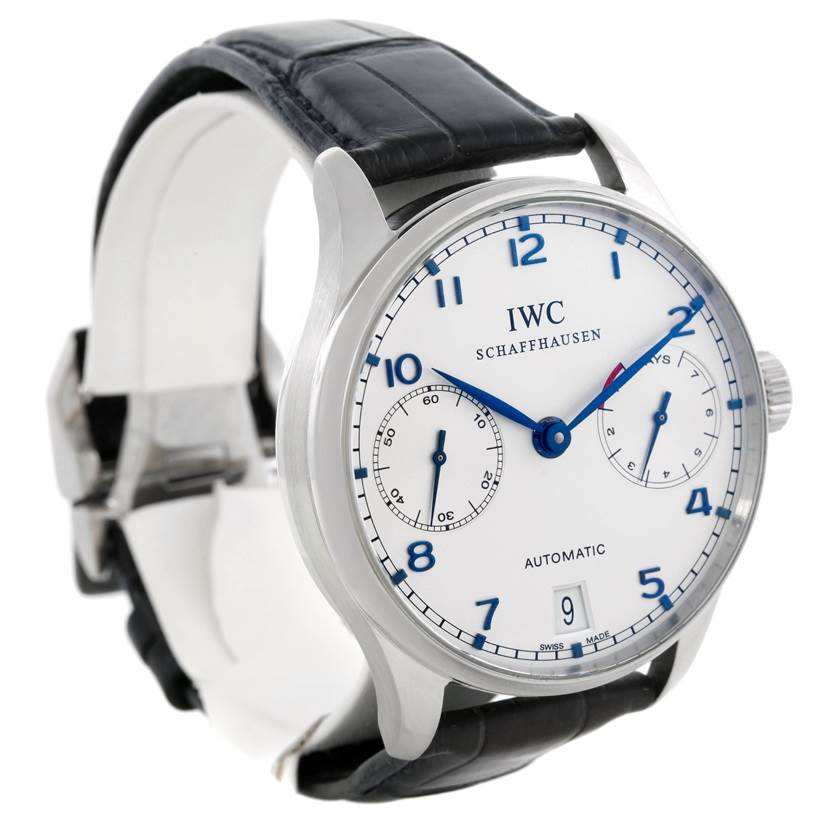 The image shows a front angled view of the IWC Portuguese IW500107 Men's Stainless Steel Silver Dial IW500107 Men's Stainless Steel Silver Dial model watch, highlighting the dial, hands, and strap.