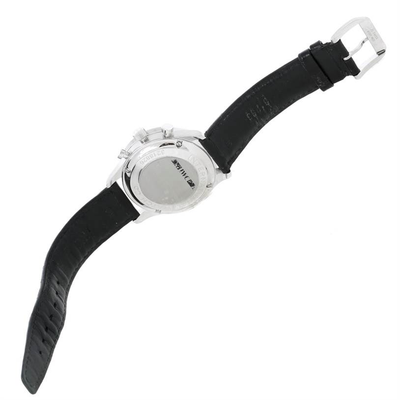 The image shows the back view of an IWC Portuguese IW371438 Men's Stainless Steel Black Dial IW371438 Men's Stainless Steel Black Dial model watch, highlighting the case back and black leather strap.