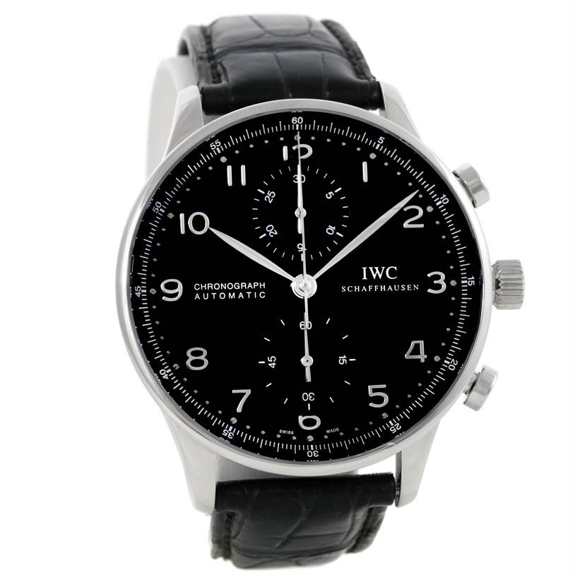 This image shows a front view of the IWC Portuguese IW371438 Men's Stainless Steel Black Dial IW371438 Men's Stainless Steel Black Dial Chronograph watch featuring a black dial and leather strap.