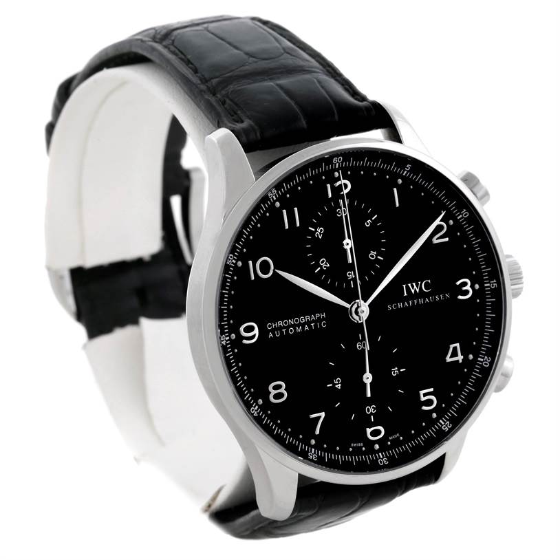 The image shows a black-dial IWC Portuguese IW371438 Men's Stainless Steel Black Dial IW371438 Men's Stainless Steel Black Dial model watch at a slight angle, revealing its face, crown, and black leather strap.