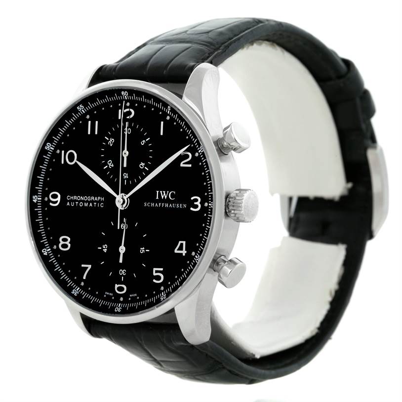 The image shows a side-angle view of the IWC Portuguese IW371438 Men's Stainless Steel Black Dial IW371438 Men's Stainless Steel Black Dial model watch, highlighting its black dial, chronograph, and black leather strap.