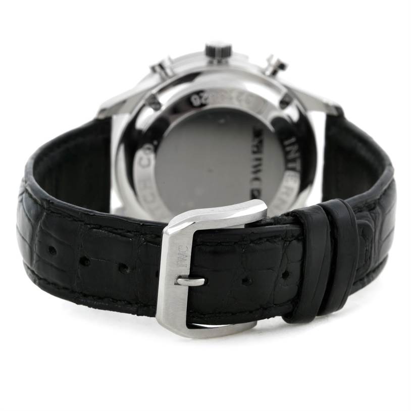 The image shows the back of an IWC Portuguese IW371438 Men's Stainless Steel Black Dial IW371438 Men's Stainless Steel Black Dial model watch, focusing on the black leather strap and silver buckle.