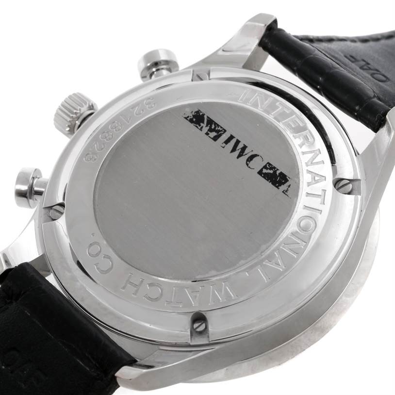 This image shows the back case of the IWC Portuguese IW371438 Men's Stainless Steel Black Dial IW371438 Men's Stainless Steel Black Dial watch, focusing on the brand's engraving and strap attachment.