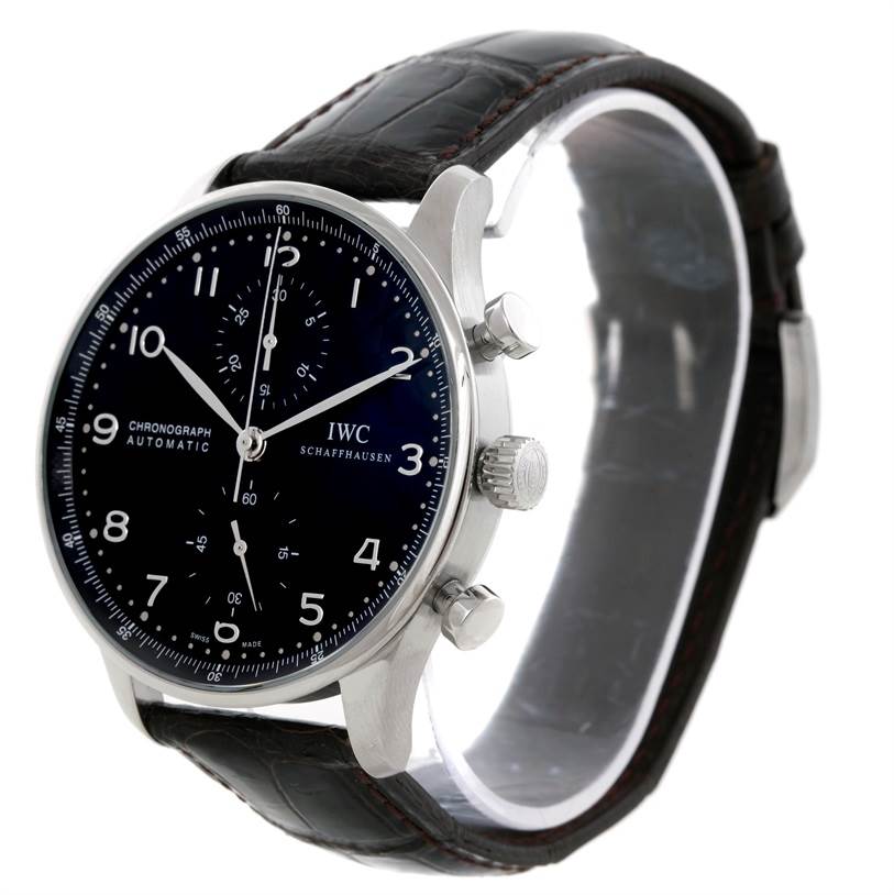 The image shows a side angle of the IWC Portuguese IW371438 Men's Stainless Steel Black Dial IW371438 Men's Stainless Steel Black Dial model watch, featuring the dial, case, crown, pushers, and strap.