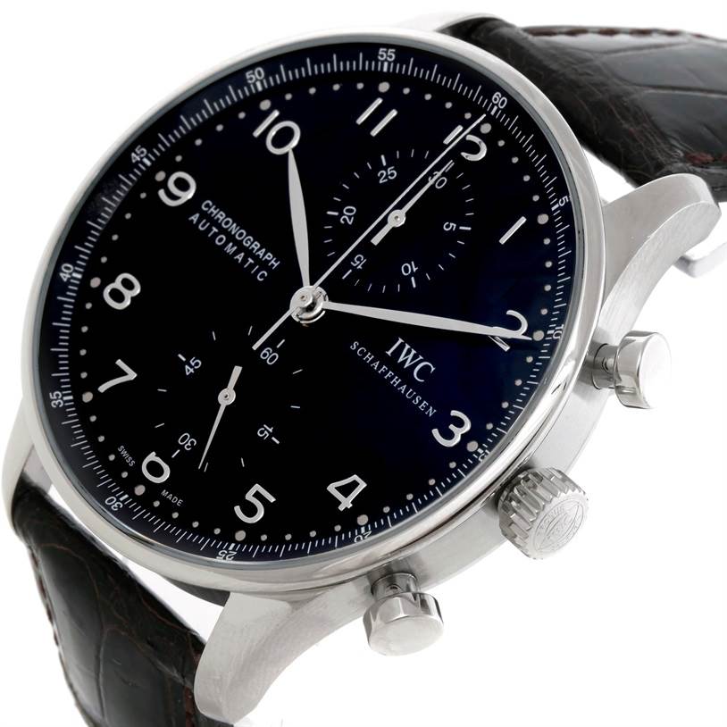 The IWC Portuguese IW371438 Men's Stainless Steel Black Dial IW371438 Men's Stainless Steel Black Dial Chronograph watch is shown at an angled side view, displaying the dial, crown, chronograph pushers, and leather strap.