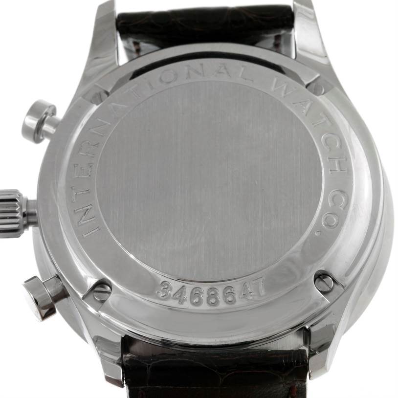 This image shows a rear view of the IWC Portuguese IW371438 Men's Stainless Steel Black Dial IW371438 Men's Stainless Steel Black Dial watch case back, highlighting its stainless steel finish and engraved text.
