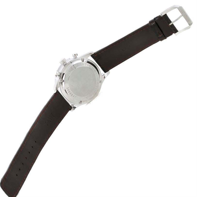 The image shows the back view of the IWC Portuguese IW371438 Men's Stainless Steel Black Dial IW371438 Men's Stainless Steel Black Dial model watch, featuring its case back and leather strap.