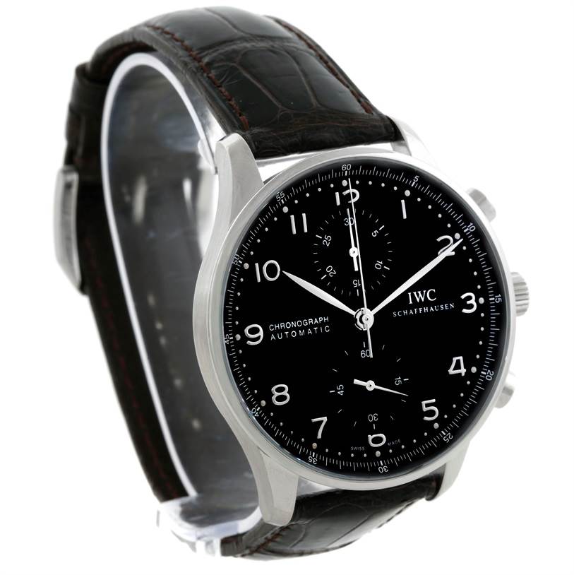 This image shows the IWC Portuguese IW371438 Men's Stainless Steel Black Dial IW371438 Men's Stainless Steel Black Dial Chronograph watch at an angled front view, highlighting the black dial and leather strap.