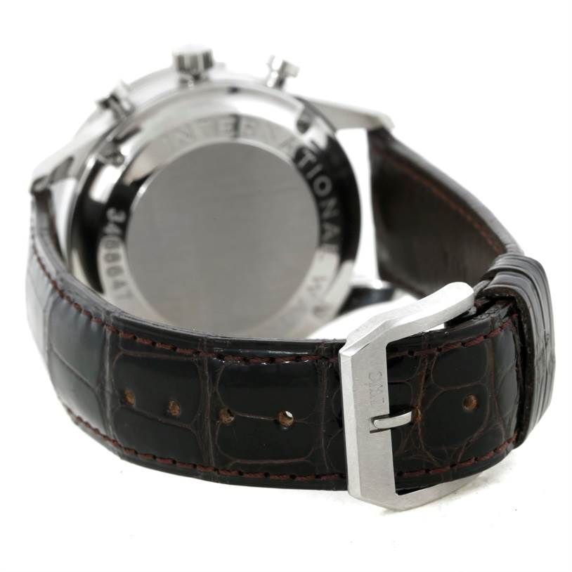 The IWC Portuguese IW371438 Men's Stainless Steel Black Dial IW371438 Men's Stainless Steel Black Dial watch is shown from the back, highlighting its case back, leather strap, and buckle.