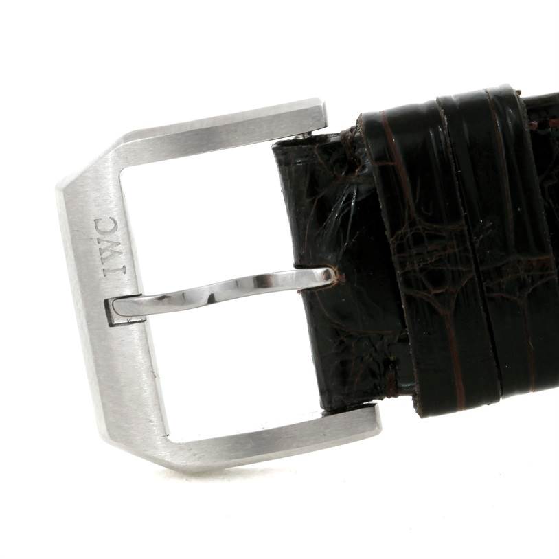 Close-up of the IWC Portuguese IW371438 Men's Stainless Steel Black Dial IW371438 Men's Stainless Steel Black Dial model's metal buckle and black leather strap.