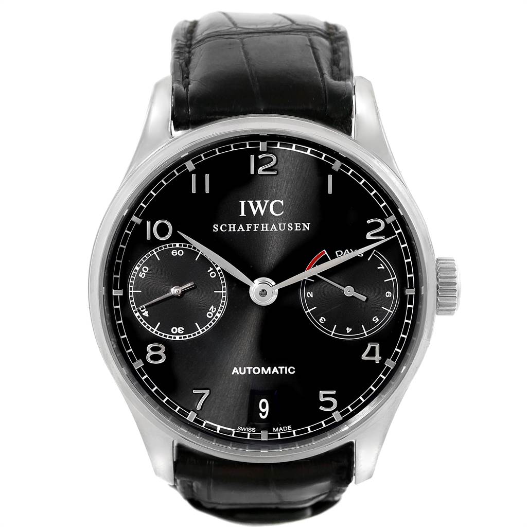 This image shows a front view of the IWC Portuguese IW500109 Men's Stainless Steel Black Dial IW500109 Men's Stainless Steel Black Dial model watch, displaying its black dial, numerals, sub-dials, and black leather strap.
