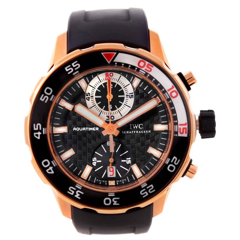 The image shows a frontal view of an IWC Aquatimer IW376903 Men's Rose Gold Black Dial IW376903 Men's Rose Gold Black Dial watch, highlighting the dial, bezels, and pushers.
