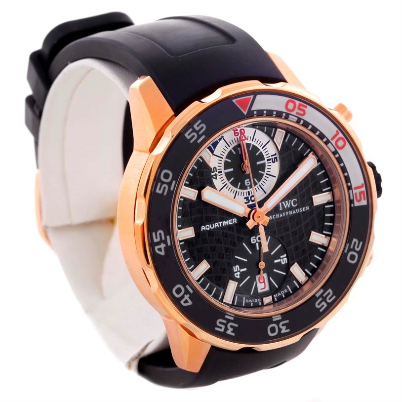 The image shows an IWC Aquatimer IW376903 Men's Rose Gold Black Dial IW376903 Men's Rose Gold Black Dial model watch from a three-quarter angle, highlighting the dial, case, and strap.