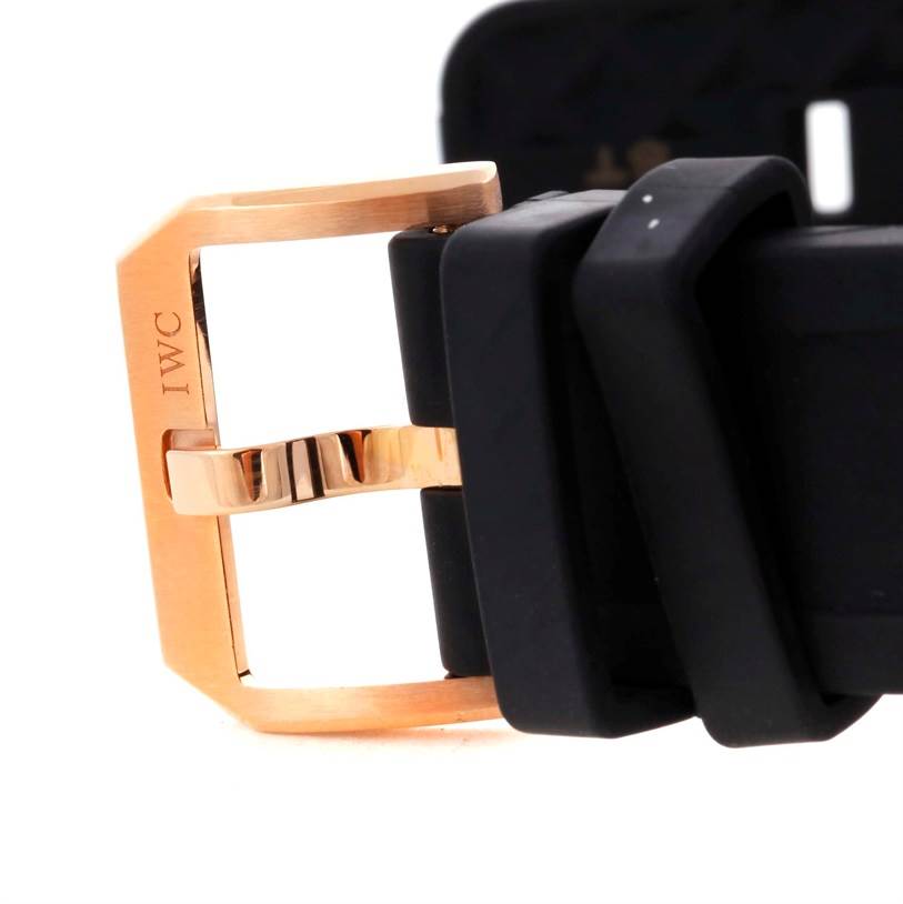 This image shows a close-up of the clasp and part of the strap of an IWC Aquatimer IW376903 Men's Rose Gold Black Dial IW376903 Men's Rose Gold Black Dial watch.