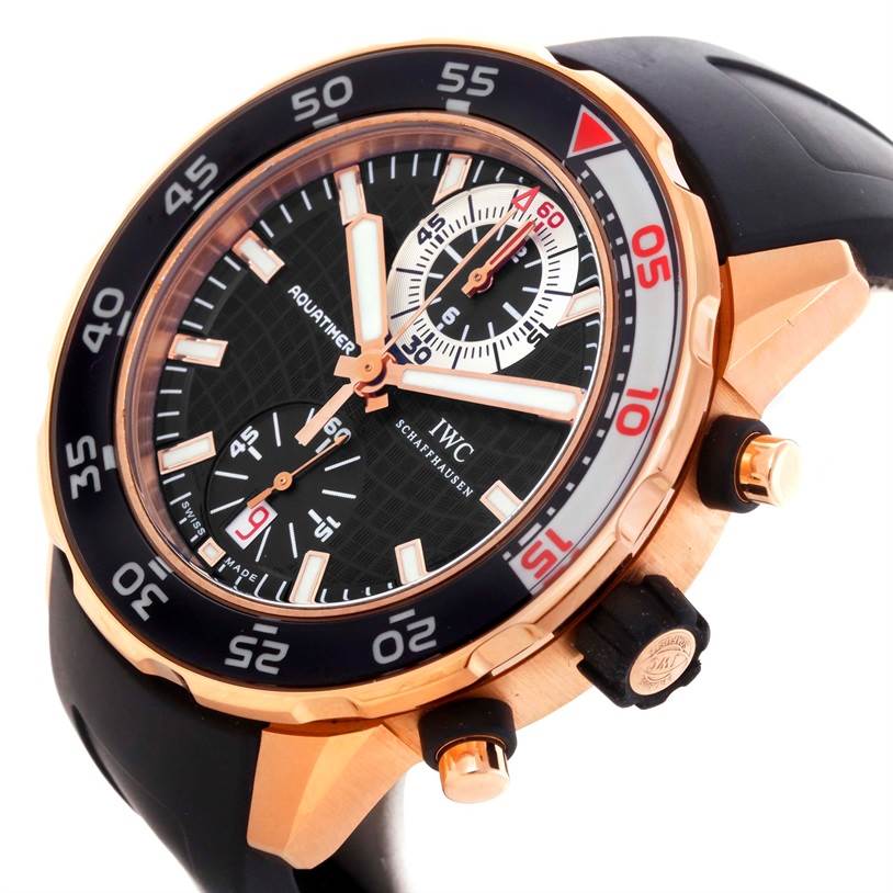 The IWC Aquatimer IW376903 Men's Rose Gold Black Dial IW376903 Men's Rose Gold Black Dial watch is shown at an angled close-up, displaying the face, bezel, crown, and part of the strap.