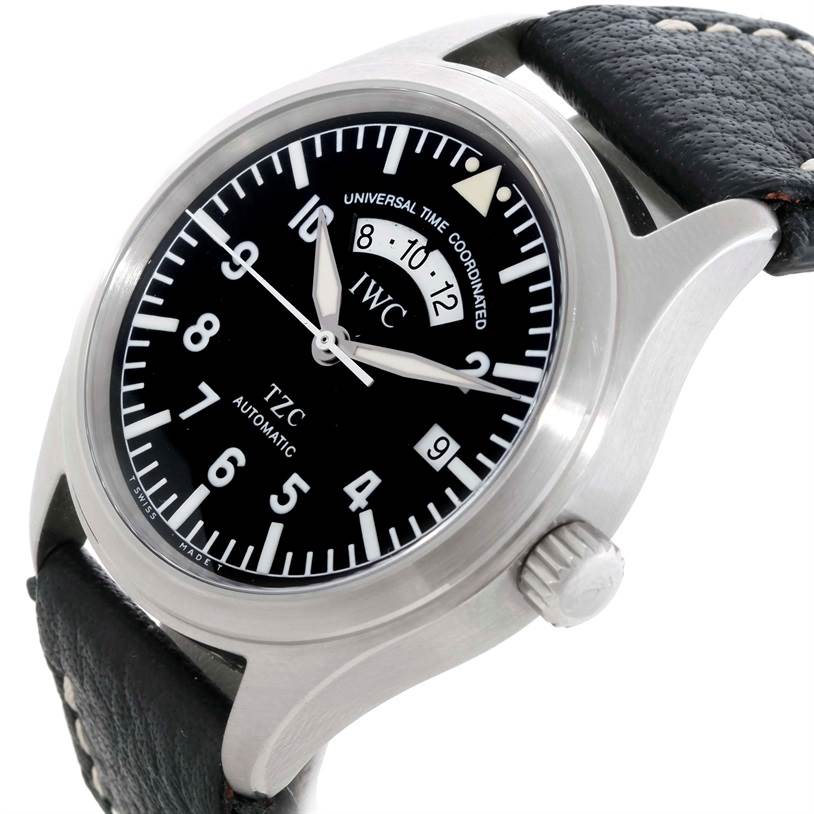 The IWC Pilot IW325101 Men's Stainless Steel Black Dial IW325101 Men's Stainless Steel Black Dial model watch is shown at a slight angle, displaying the face, crown, and leather strap.
