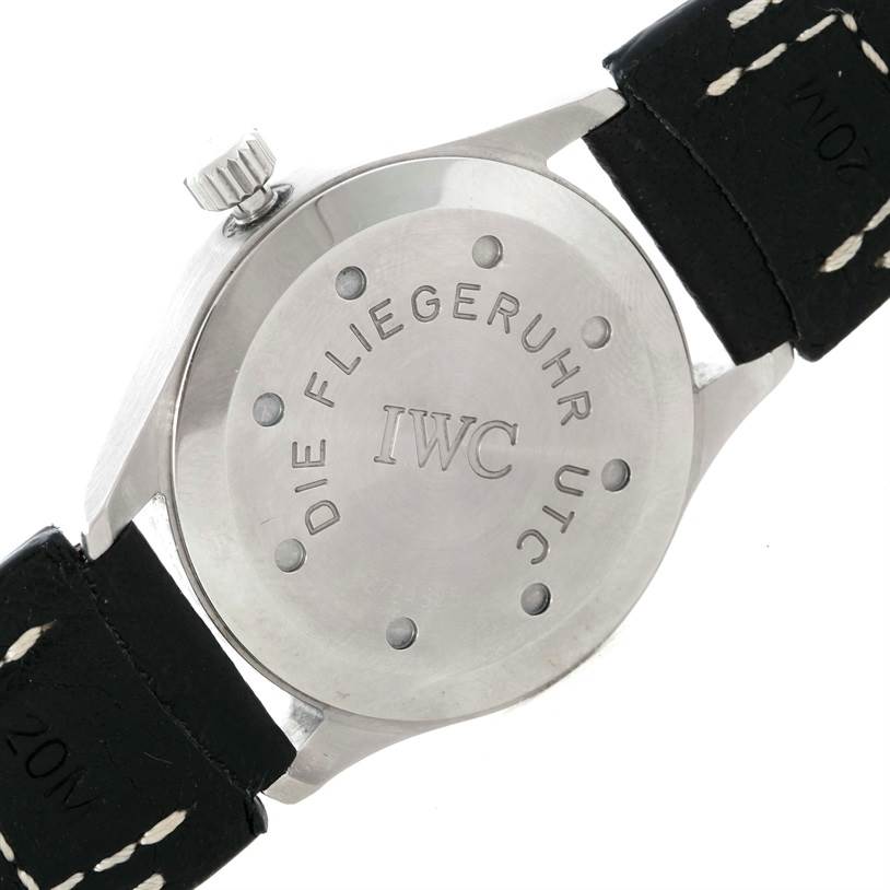 This image shows the back casing and part of the strap of an IWC Pilot IW325101 Men's Stainless Steel Black Dial IW325101 Men's Stainless Steel Black Dial model watch.