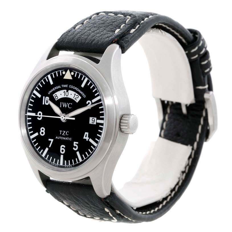 The IWC Pilot IW325101 Men's Stainless Steel Black Dial IW325101 Men's Stainless Steel Black Dial watch is shown at a three-quarter angle, displaying its black dial, crown, case, and stitched leather strap.