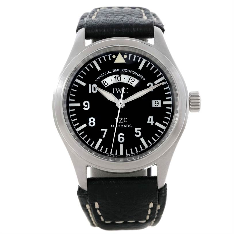 The image shows a front view of an IWC Pilot IW325101 Men's Stainless Steel Black Dial IW325101 Men's Stainless Steel Black Dial model watch, featuring a black dial, white numerals, and a black leather strap.