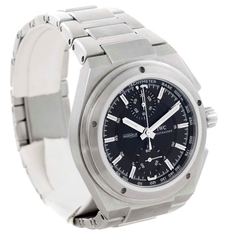This is a front-side view of the IWC Ingenieur IW372501 Men's Stainless Steel Black Dial IW372501 Men's Stainless Steel Black Dial watch, showing its dial, bezel, and bracelet.