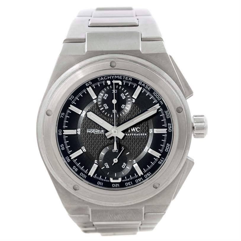 The image shows a front view of the Ingenieur model by IWC, highlighting its dial, case, and bracelet.