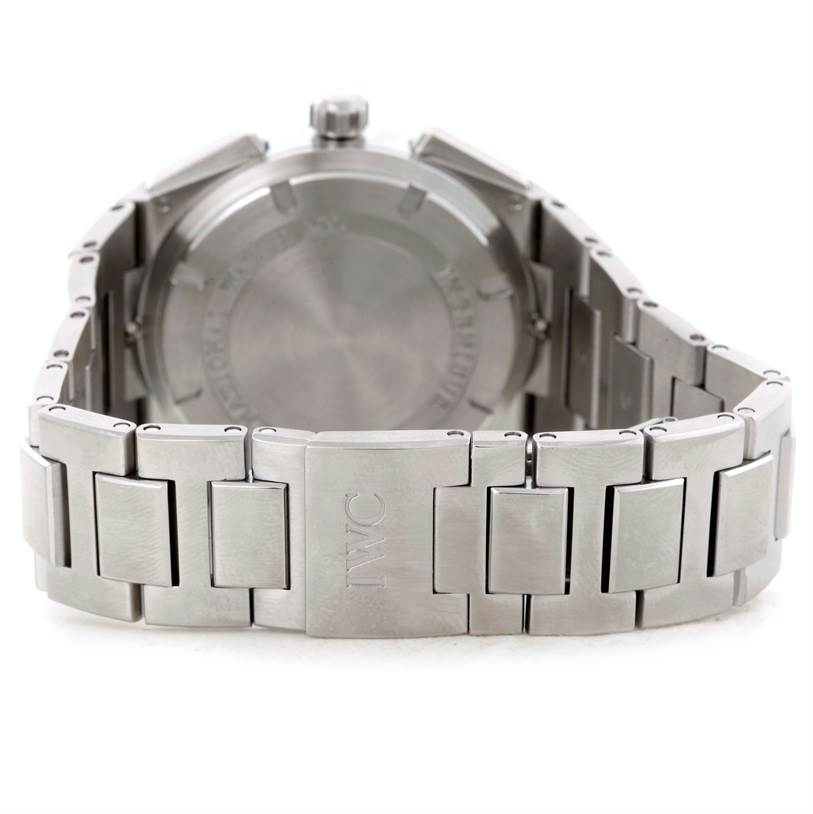 The image shows the back view of a stainless steel IWC Ingenieur IW372501 Men's Stainless Steel Black Dial IW372501 Men's Stainless Steel Black Dial watch, highlighting its case back and bracelet.