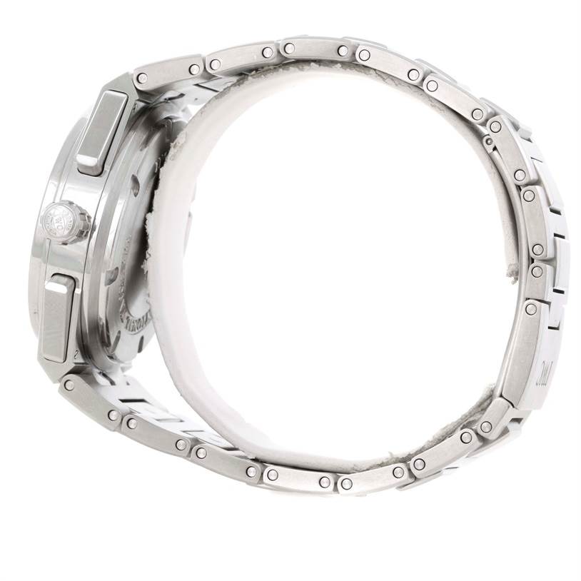 The image shows a side view of the IWC Ingenieur IW372501 Men's Stainless Steel Black Dial IW372501 Men's Stainless Steel Black Dial watch, highlighting its crown, case, and bracelet.