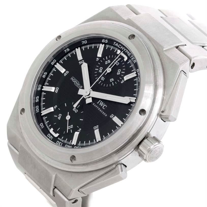 The image shows an IWC Ingenieur IW372501 Men's Stainless Steel Black Dial IW372501 Men's Stainless Steel Black Dial watch at a slight angle from the front-right, displaying the dial, bezel, crown, and part of the bracelet.