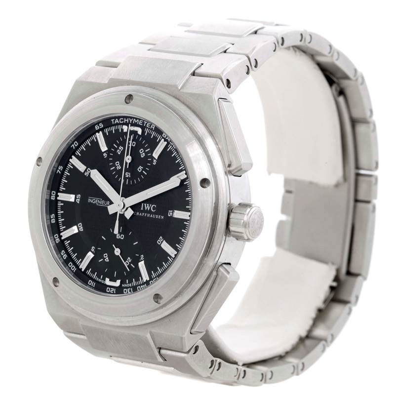 The image shows a stainless steel IWC Ingenieur IW372501 Men's Stainless Steel Black Dial IW372501 Men's Stainless Steel Black Dial watch angled from the front-left, displaying its face, bezel, and band.