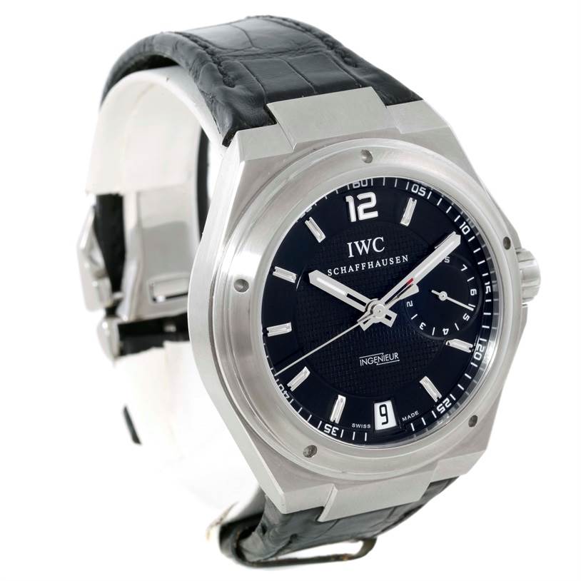 This IWC Ingenieur IW500501 Men
s Stainless Steel Black Dial IW500501 Men
s Stainless Steel Black Dial watch is shown at a slight angle, displaying the face, bezel, crown, and part of the black leather strap.